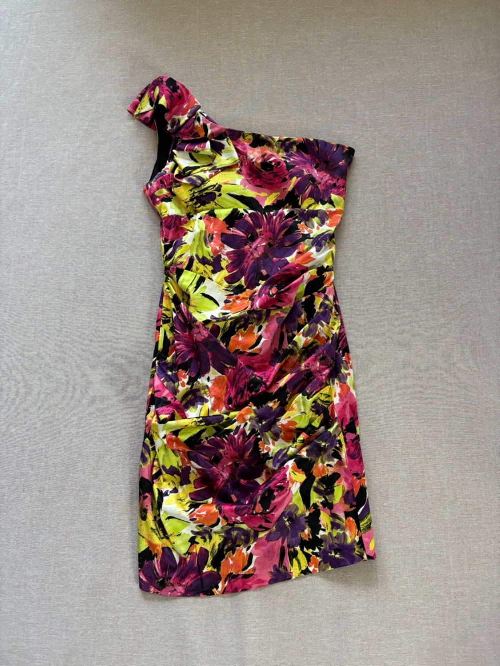 Roulette floral colorful fitted ruched formal one shoulder dress.